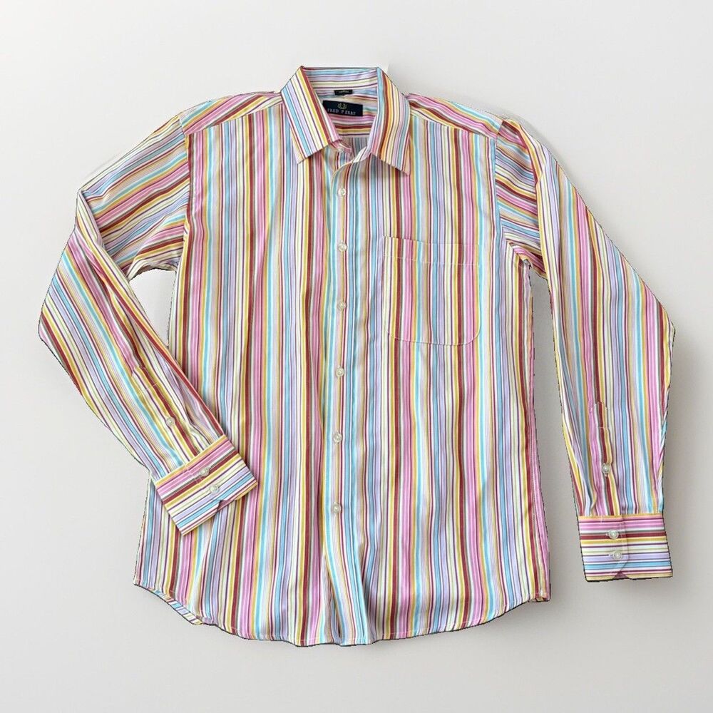 Fred Perry Dress Shirt Mens Size 16 Multicolor Striped Long Sleeve Button Down